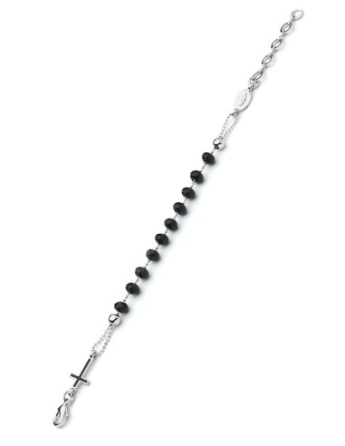 Crystal Bracelet with Enamelled Crucifix and Miraculous Medal - Black - Metal Gold