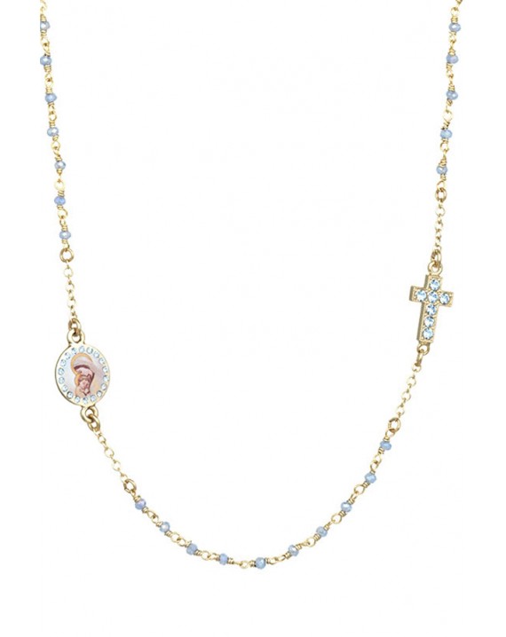Crystal  Necklace with Crucifix with strass - Light Blue - Metal Gold