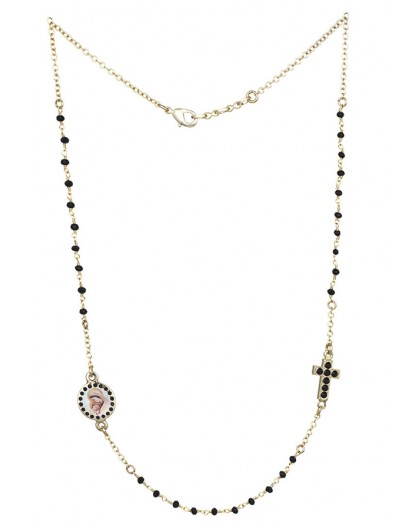 Crystal  Necklace with Crucifix with strass - Black - Metal Gold