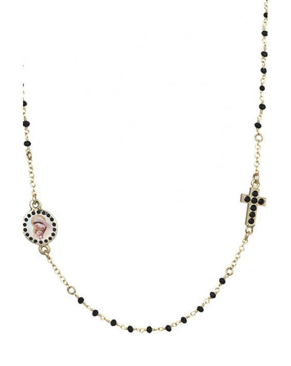 Crystal  Necklace with Crucifix with strass - Black - Metal Gold
