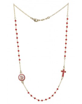Crystal  Necklace with Crucifix with strass - Red - Metal Gold