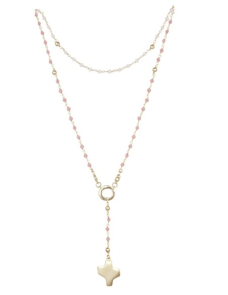 Crystal Rosary Necklace - Pink - Metal Gold