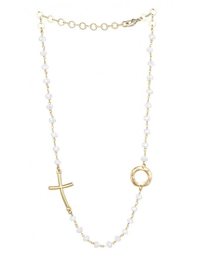 Crystal Necklace with design Crucifix and center - White - Metal Gold