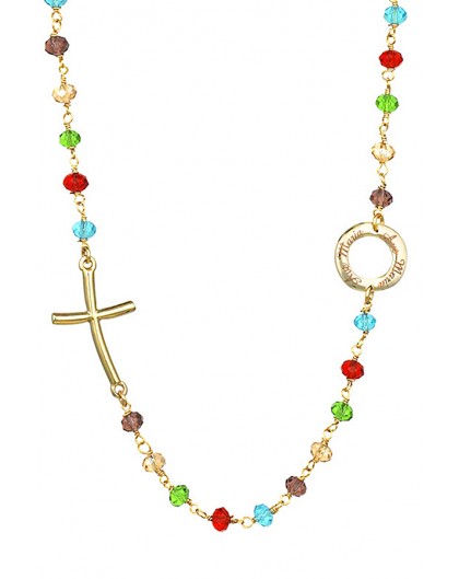 Crystal Necklace with design Crucifix and center - Multicolor - Metal Gold