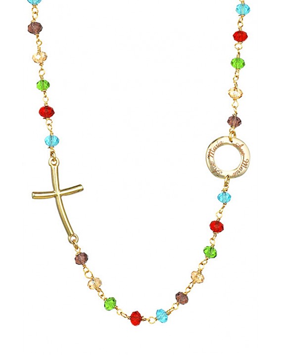 Crystal Necklace with design Crucifix and center - Multicolor - Metal Gold
