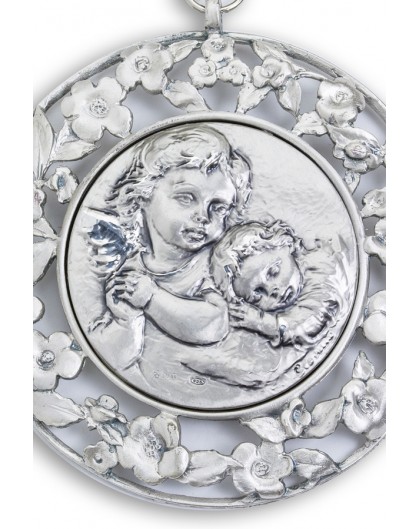 Sterling Silver Sleeping Angel with Flowers Frame Cradle Medallion