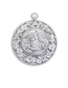 Sterling Silver Holy Family with Flowers Frame Cradle Medallion