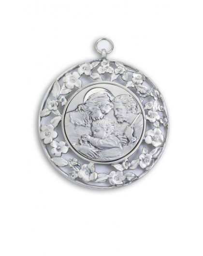 Sterling Silver Holy Family with Flowers Frame Cradle Medallion