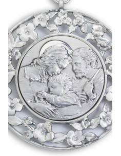 Sterling Silver Holy Family with Flowers Frame Cradle Medallion