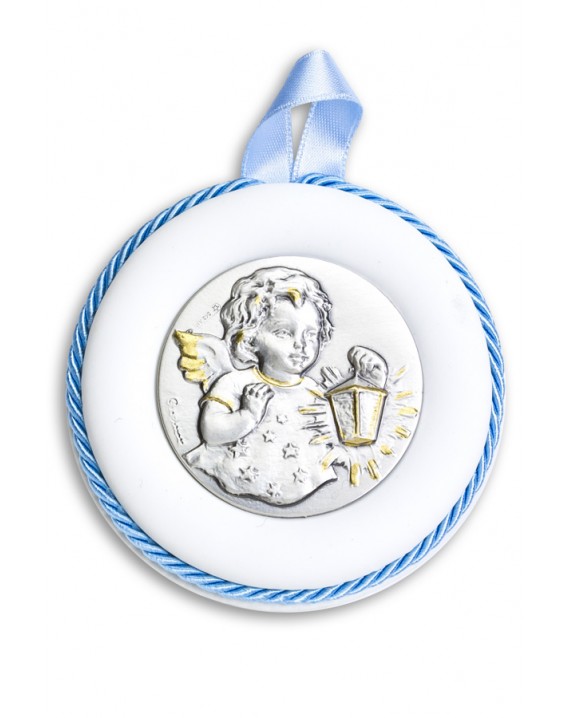 Sterling Silver Light Blue Guardian Angel with light Cradle Medallion