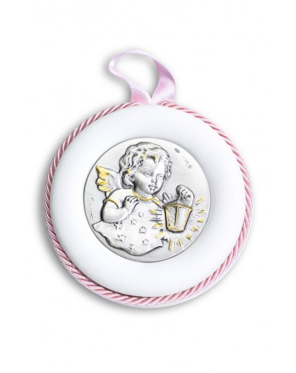 Sterling Silver Pink Guardian Angel with light Cradle Medallion