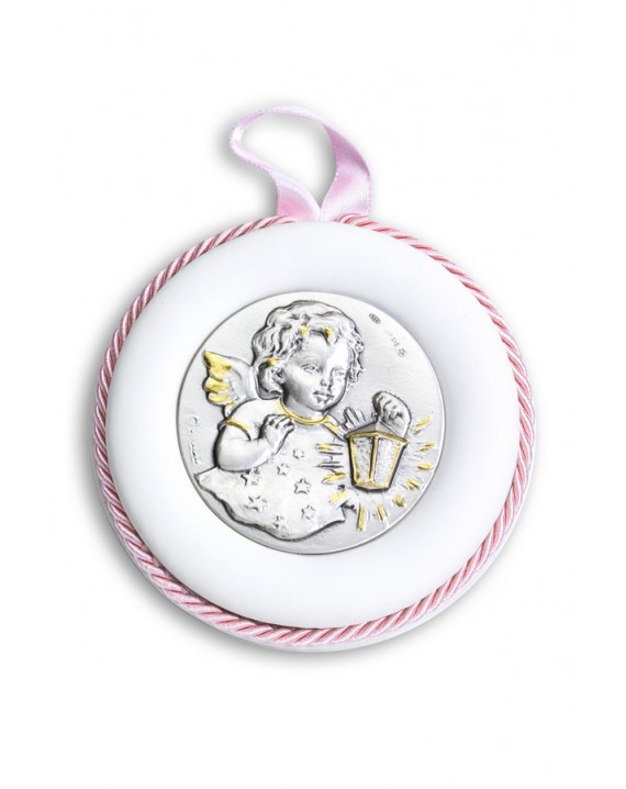 Sterling Silver Pink Guardian Angel with light Cradle Medallion