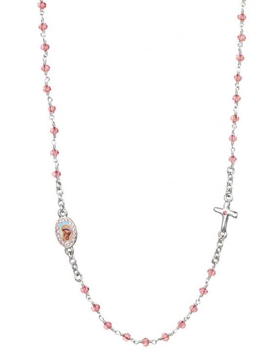 Crystal  Necklace with Crucifix with strass -Pink - Metal Silver