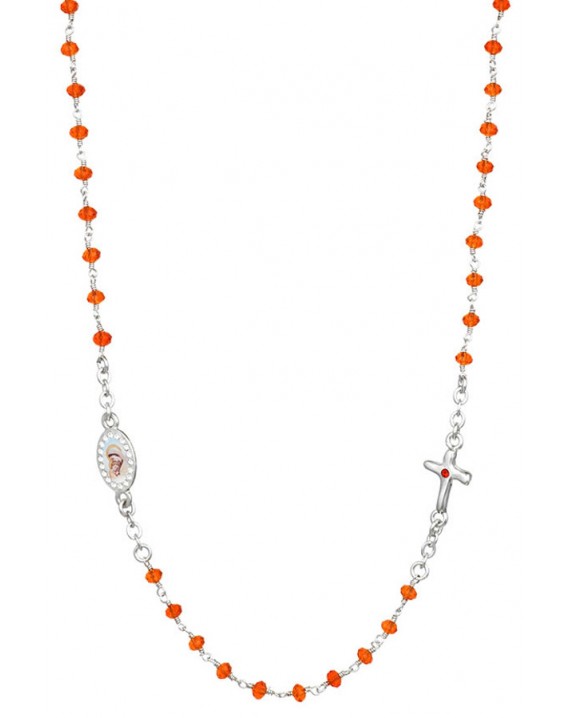 Crystal  Necklace with Crucifix with strass - Orange - Metal Silver