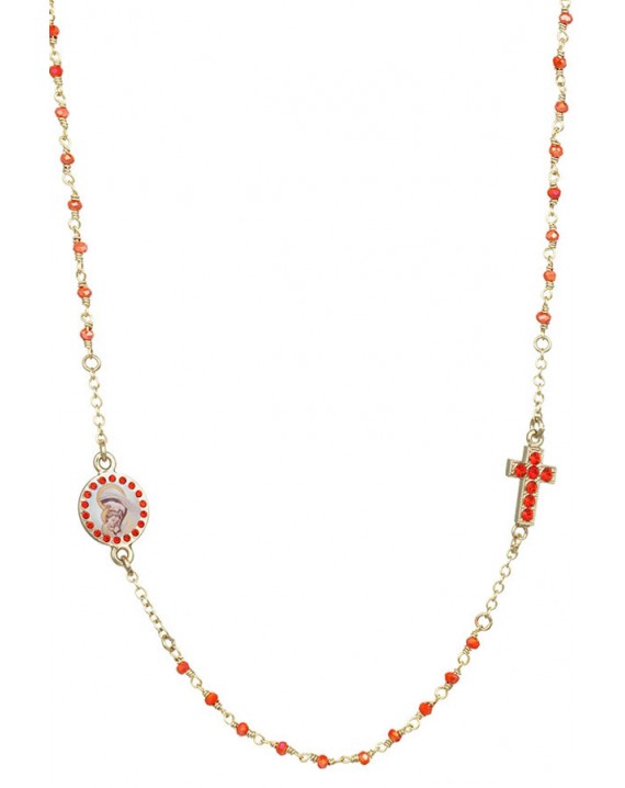 Crystal  Necklace with Crucifix with strass - Orange - Metal Gold