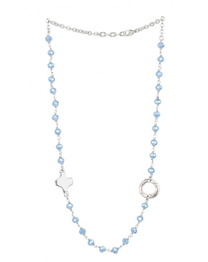 Crystal  Necklace with Design Crucifix - Light Blue - Metal silver
