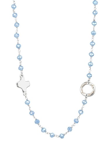 Crystal  Necklace with Design Crucifix - Light Blue - Metal silver