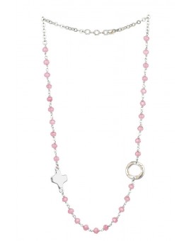 Crystal  Necklace with Design Crucifix - Pink  - Metal silver
