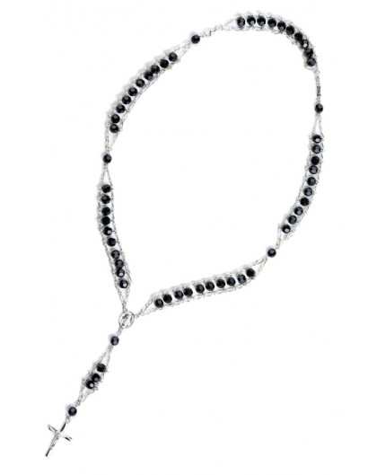 Double Chain Swarowski Black Crystal Rosary Necklace 