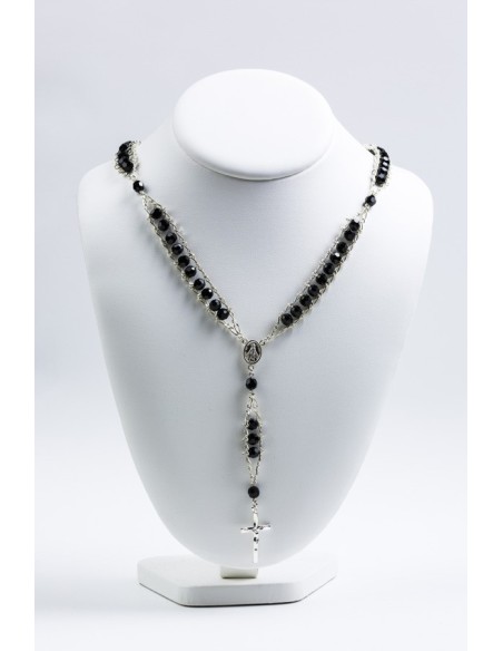 Double Chain Swarowski Black Crystal Rosary Necklace 