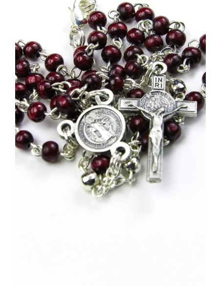 Mini St Benedict dark red wood and metal Rosary necklace | Vatican Gift