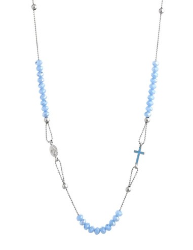 Crystal  Necklace with Enamelled Crucifix  and Miracolous Medal - Sky Blue - Metal silver