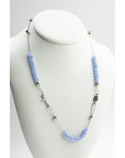 Crystal  Necklace with Enamelled Crucifix  and Miracolous Medal - Sky Blue - Metal silver