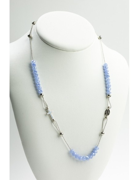 Crystal  Necklace with Enamelled Crucifix  and Miracolous Medal - Sky Blue - Metal silver