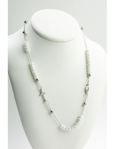 Crystal  Necklace with Enamelled Crucifix  and Miracolous Medal - White - Metal silver