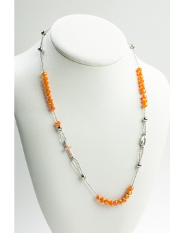 Crystal  Necklace with Enamelled Crucifix  and Miracolous Medal - Orange - Metal silver