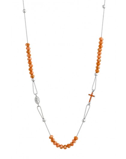 Crystal  Necklace with Enamelled Crucifix  and Miracolous Medal - Orange - Metal silver