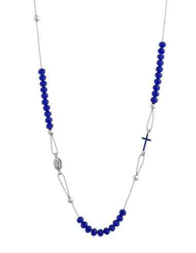 Crystal  Necklace with Enamelled Crucifix  and Miracolous Medal - Blue - Metal silver