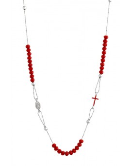 Crystal  Necklace with Enamelled Crucifix  and Miracolous Medal - Red - Metal silver
