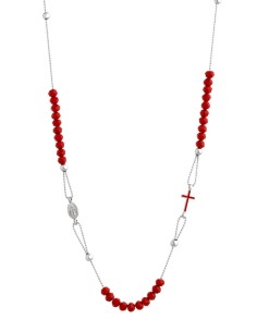 Crystal  Necklace with Enamelled Crucifix  and Miracolous Medal - Red - Metal silver