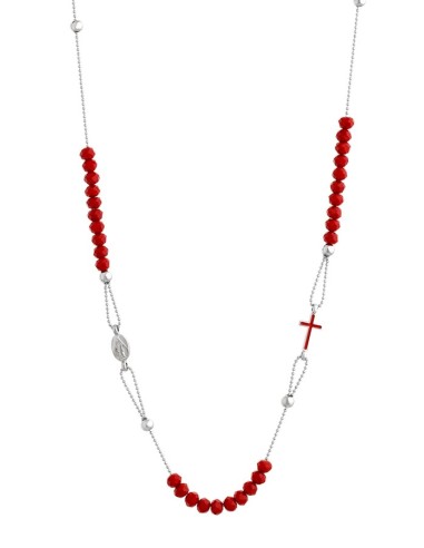 Crystal  Necklace with Enamelled Crucifix  and Miracolous Medal - Red - Metal silver