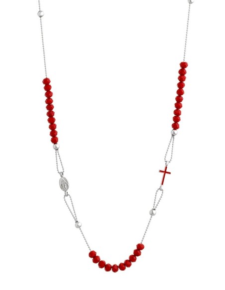 Crystal  Necklace with Enamelled Crucifix  and Miracolous Medal - Red - Metal silver Crystal  Necklace with Enamelled Crucifix  and Miracolous Medal - Red - Metal silver