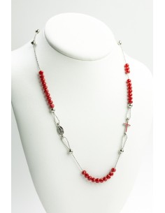 Crystal  Necklace with Enamelled Crucifix  and Miracolous Medal - Red - Metal silver