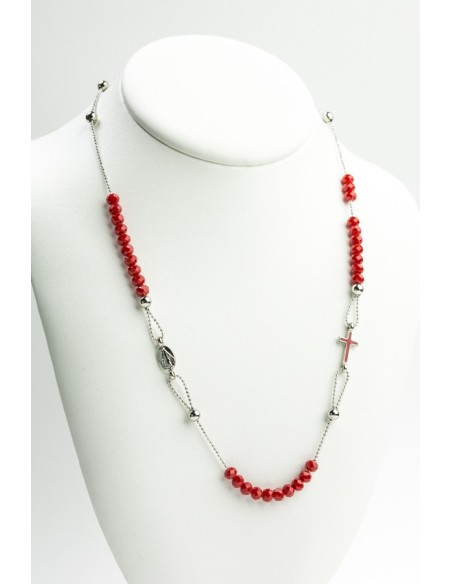 Crystal Necklace with Enamelled Crucifix and Miracolous Medal - Red - Metal silver Crystal Necklace with Enamelled Crucifix and Miracolous Medal - Red - Metal silver