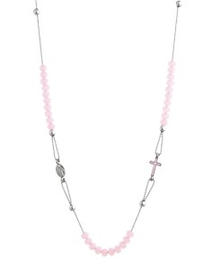 Crystal  Necklace with Enamelled Crucifix  and Miracolous Medal - Pink - Metal silver