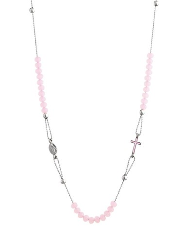 Crystal  Necklace with Enamelled Crucifix  and Miracolous Medal - Pink - Metal silver