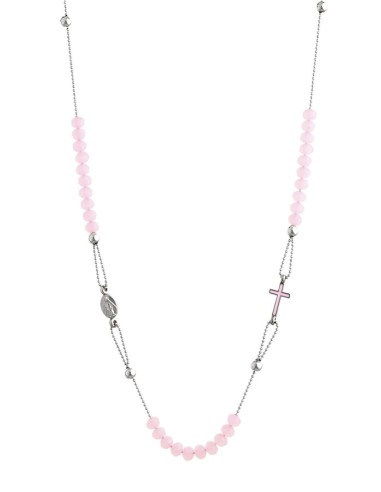 Crystal  Necklace with Enamelled Crucifix  and Miracolous Medal - Pink - Metal silver
