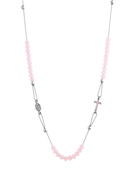 Crystal  Necklace with Enamelled Crucifix  and Miracolous Medal - Pink - Metal silver