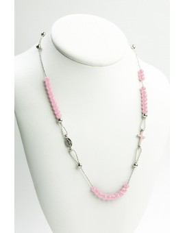 Crystal  Necklace with Enamelled Crucifix  and Miracolous Medal - Pink - Metal silver