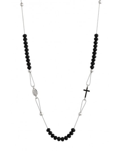 Crystal  Necklace with Enamelled Crucifix  and Miracolous Medal - Black - Metal silver