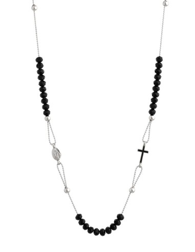 Crystal  Necklace with Enamelled Crucifix  and Miracolous Medal - Black - Metal silver