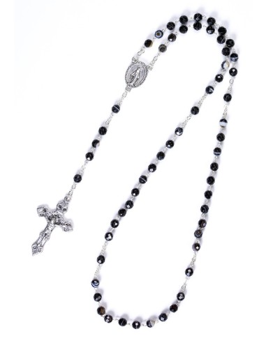 Faceted Variegate Black Agate Rosary