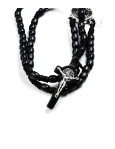 St Benedict Wood And Rope Black Rosary Necklace