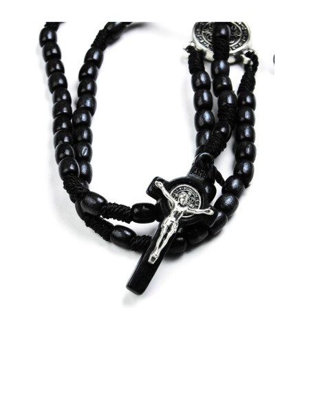 St Benedict Wood And Rope Black Rosary Necklace St Benedict Wood And Rope Black Rosary Necklace