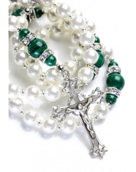 Freshwater Pearls, Deep Green Malachite, Strass rings. Sterling Silver.
