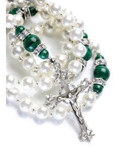 Freshwater Pearls, Deep Green Malachite, Strass rings. Sterling Silver.